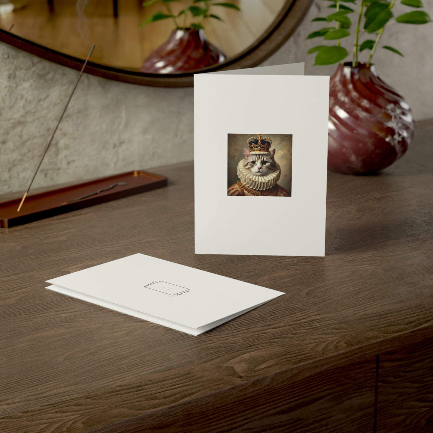 Greeting card with a cat illustration on a wooden surface with decorative elements.