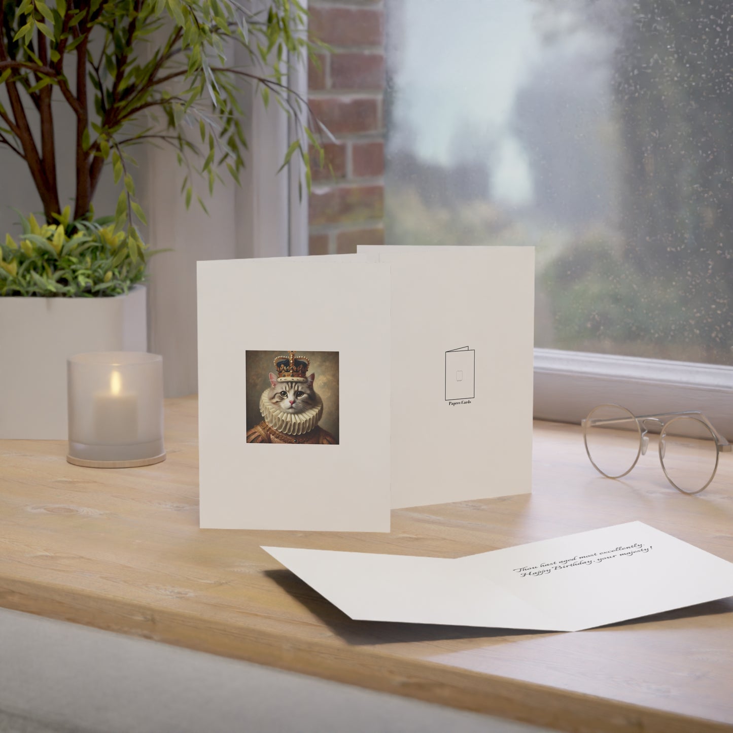Greeting card with cat illustration on a wooden surface with a candle and plant.