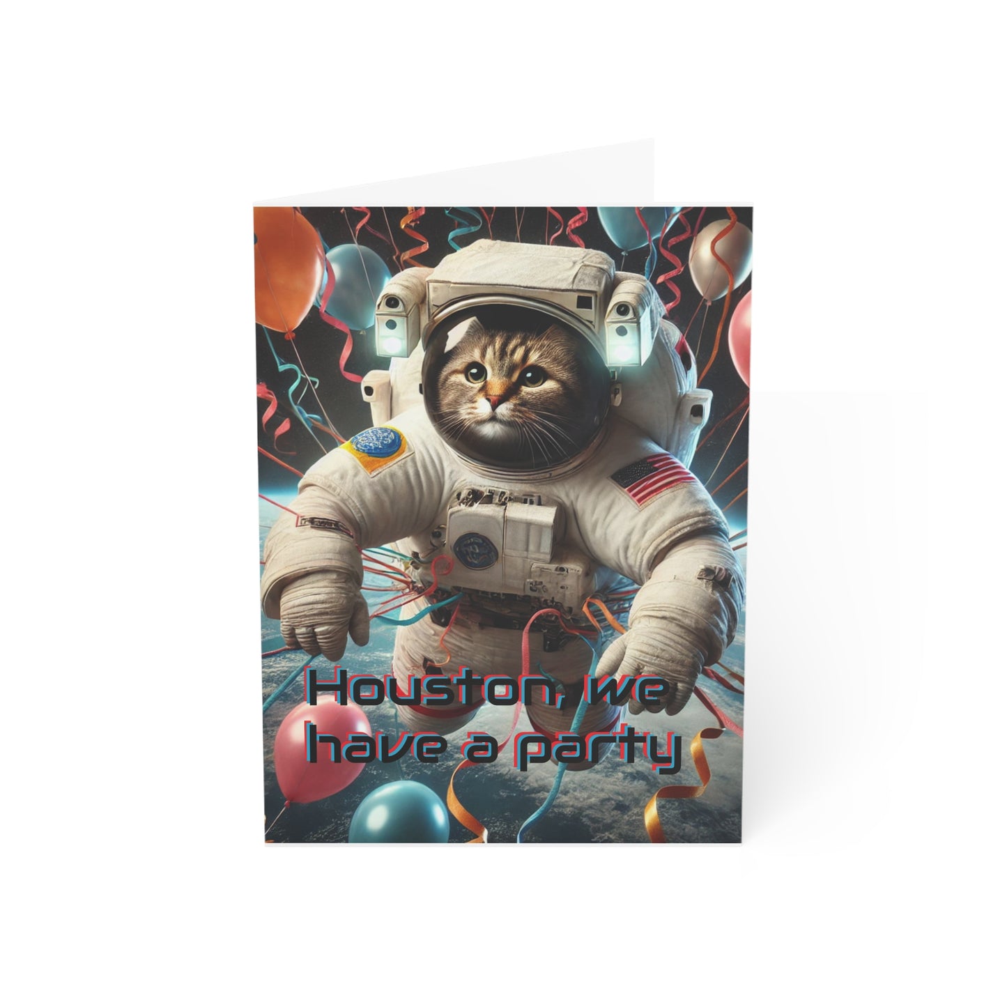 Greeting card with cat in an astronaut suit with balloons and 'Houston, we have a party' text