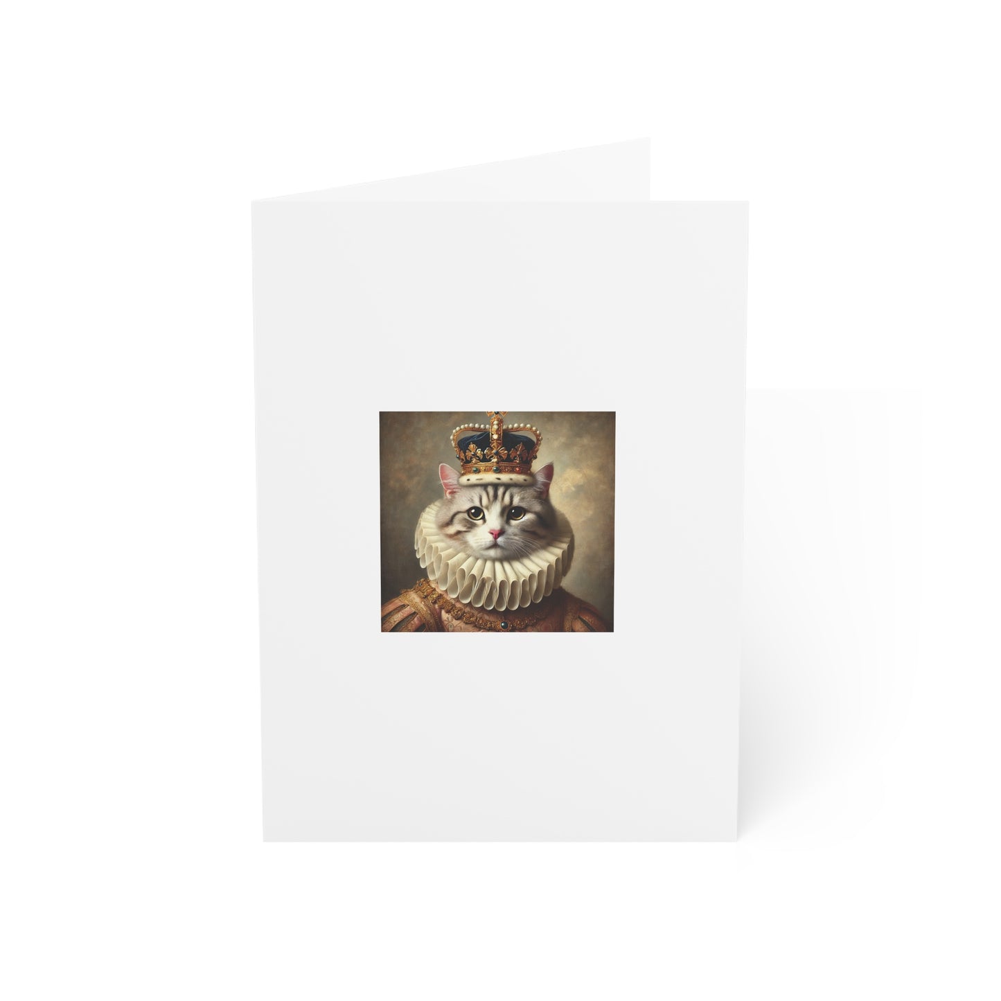 Cat wearing a crown and white robe on a white background