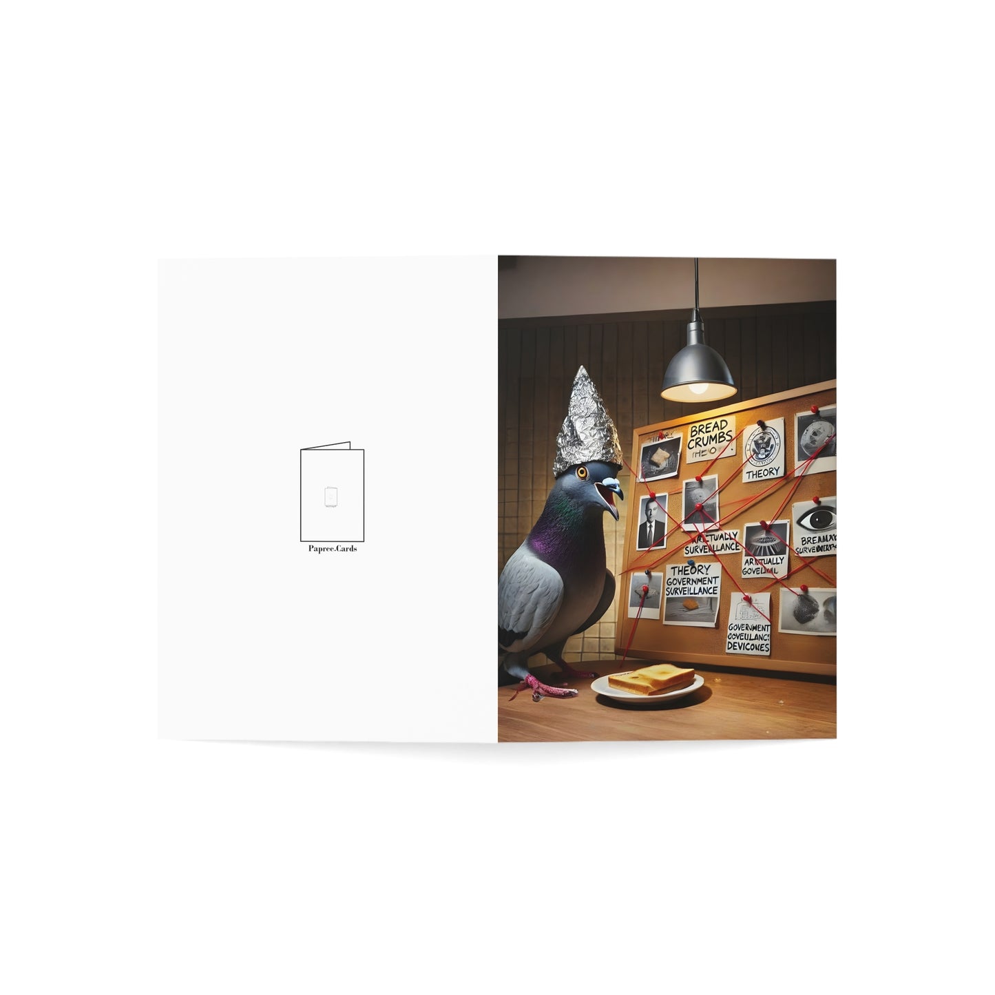 Greeting card featuring a pigeon wearing a tin foil hat