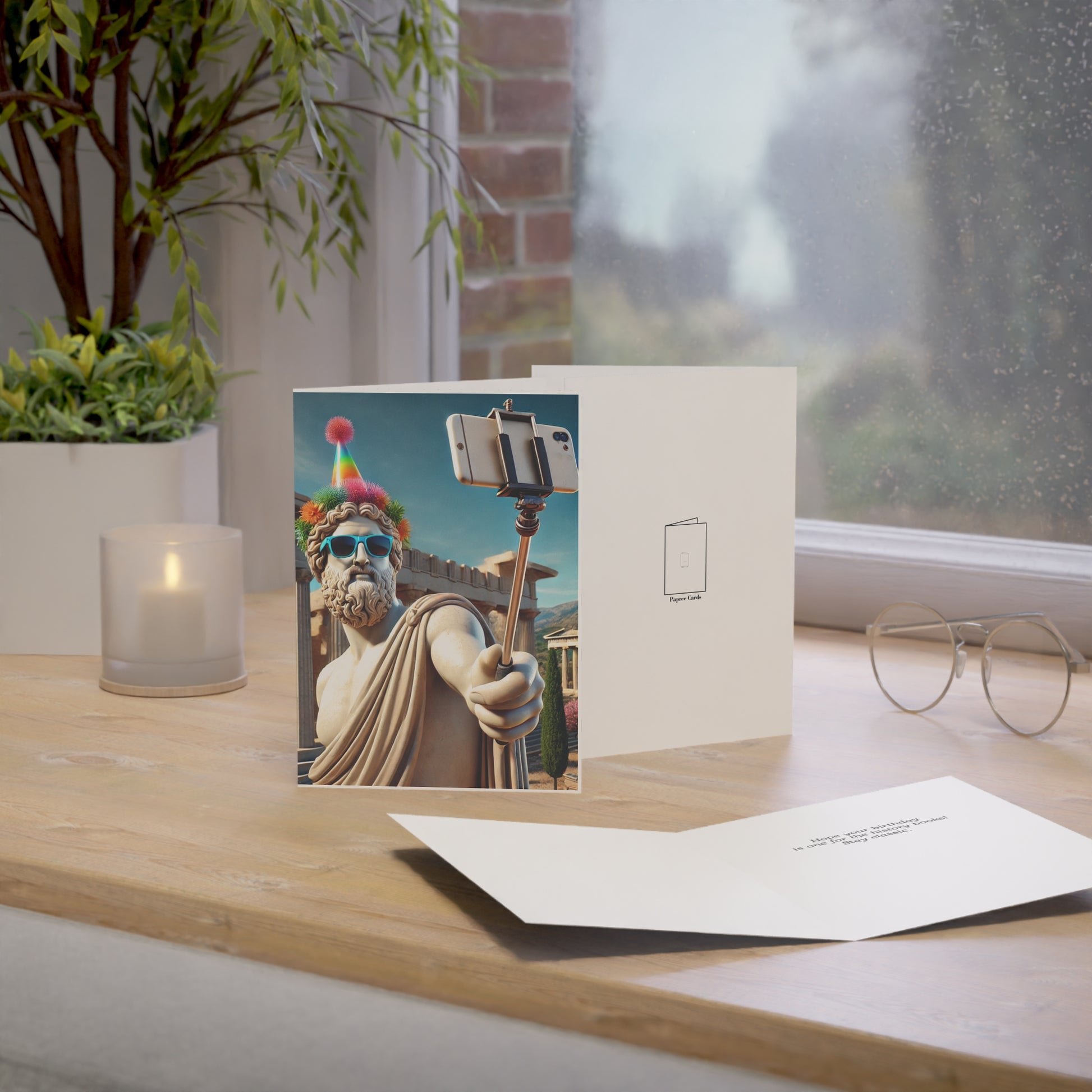 Greeting card with a statue taking a selfie on a wooden surface with a candle and glasses.