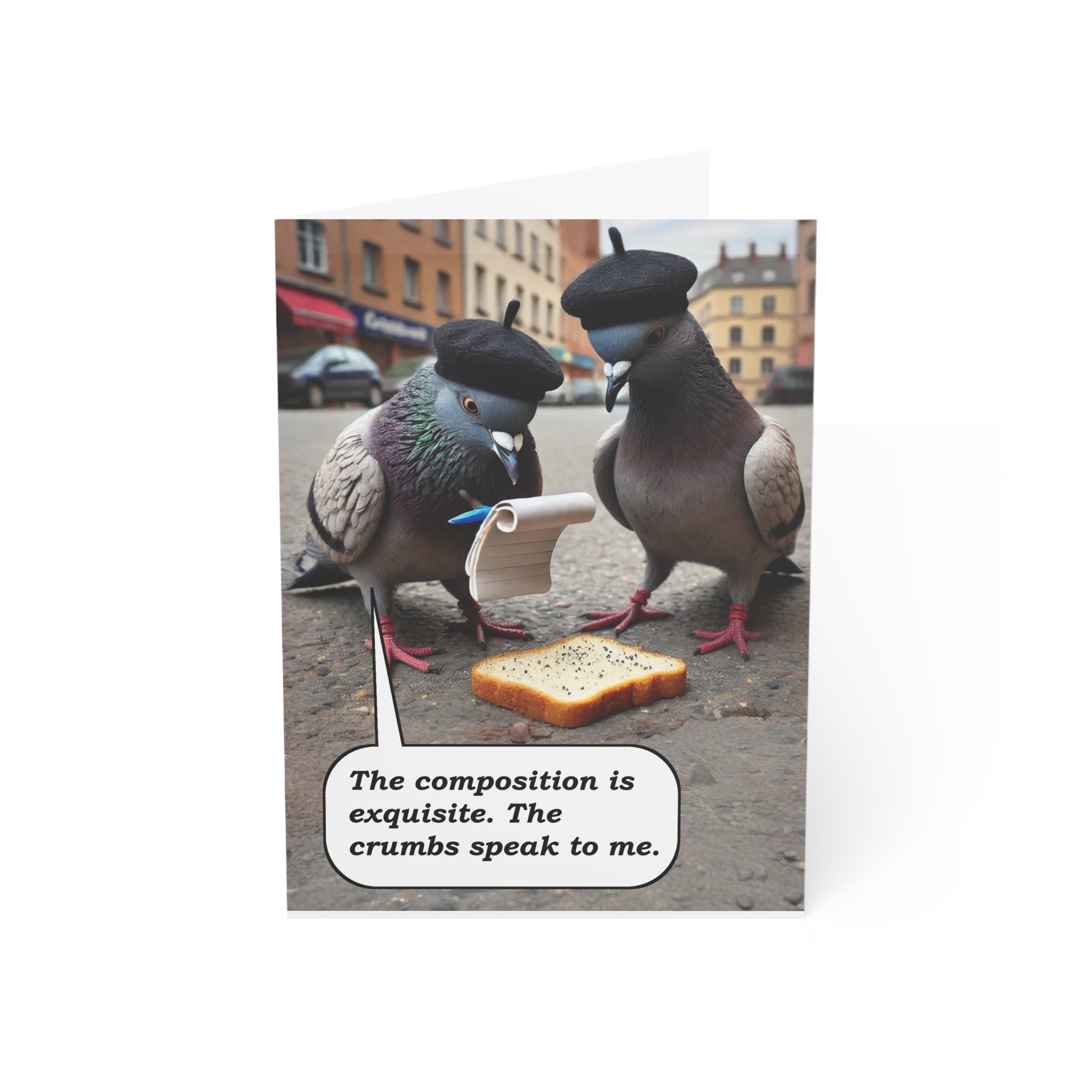 Two pigeons with hats on a city street, one holding a piece of bread with a speech bubble.