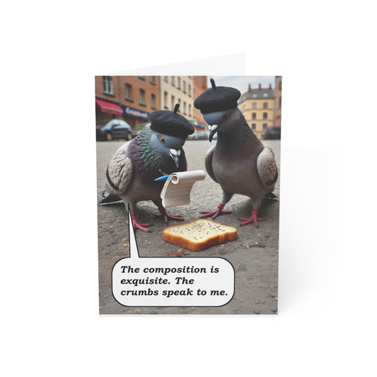 Two pigeons with hats on a city street, one holding a piece of bread with a speech bubble.