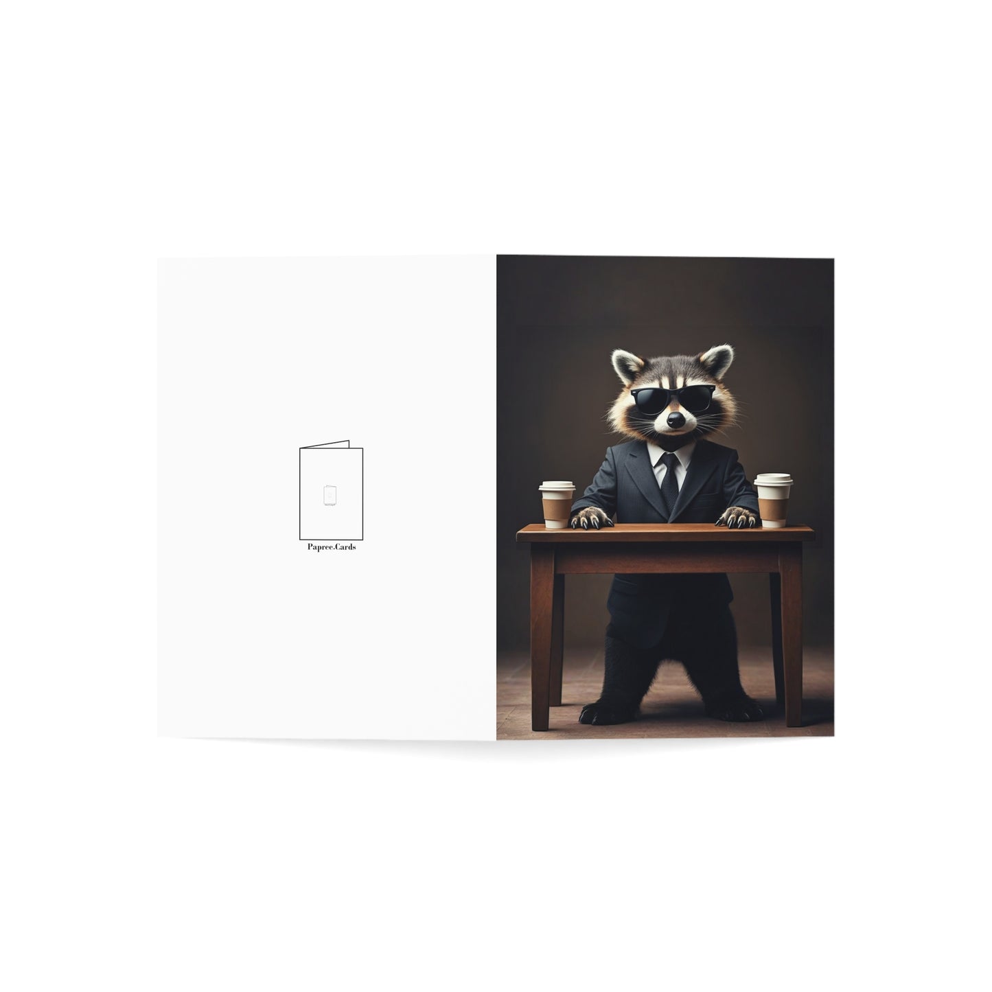 GReeting card featuring a raccoon in a suit sitting at a table with two coffee cups on a white background