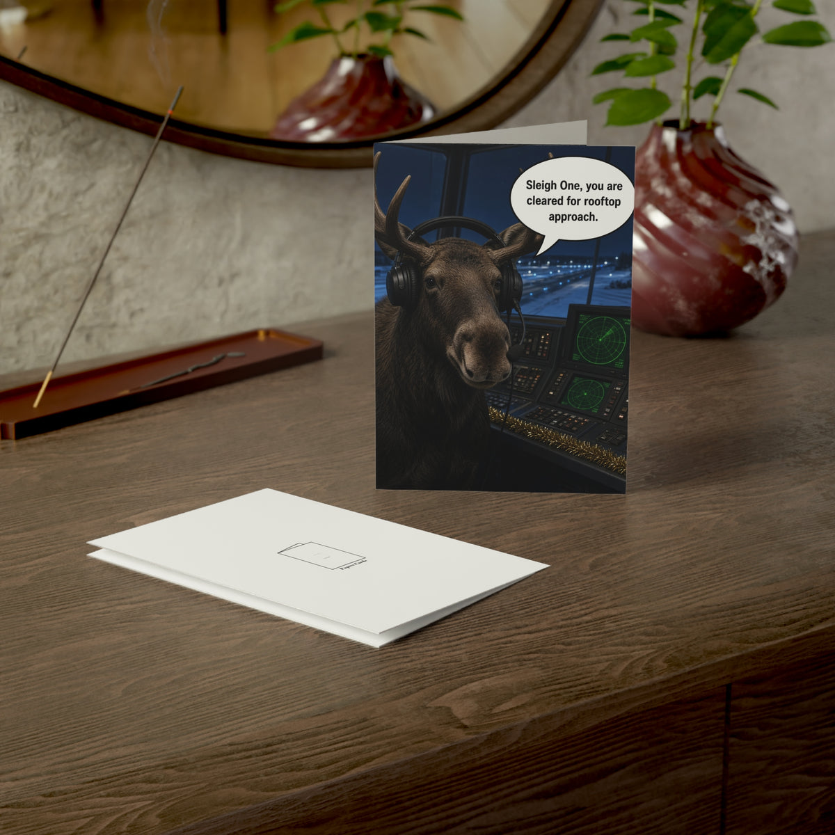 Moose Christmas Card | Funny Air Traffic Controller Holiday Greeting Card, Aviation Pilot Xmas, Santa Sleigh Card