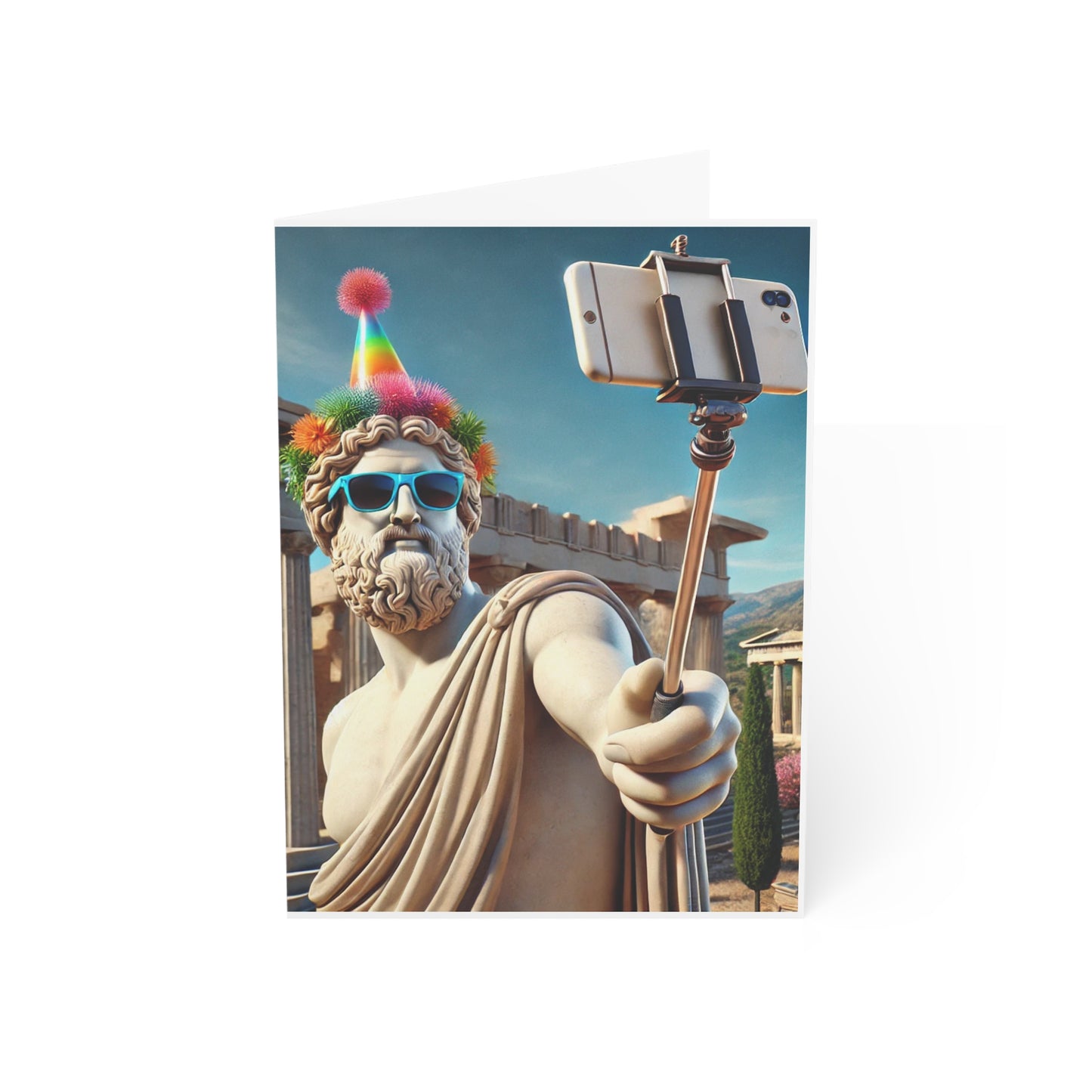 Statue of a classical figure wearing sunglasses and a party hat, holding a selfie stick.