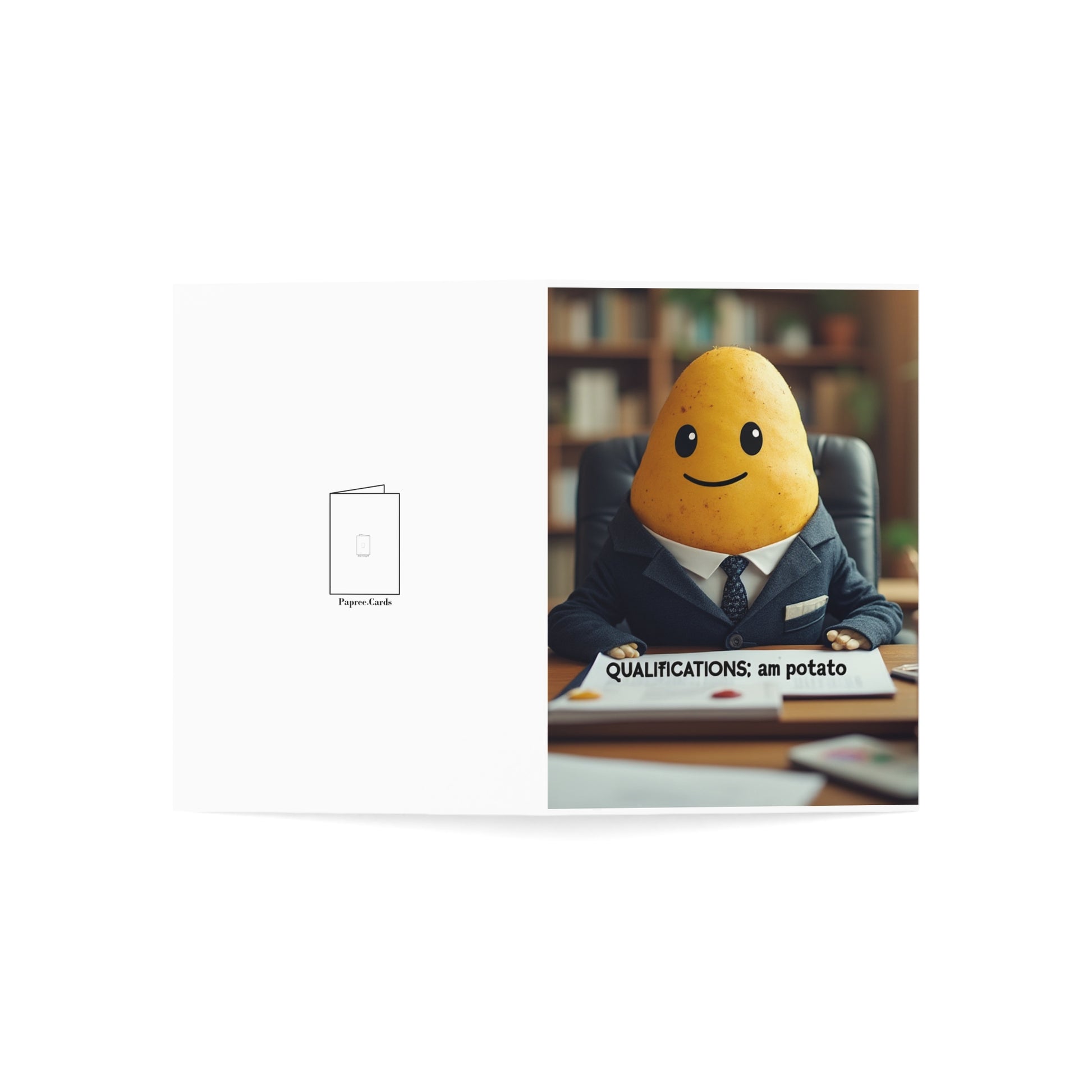 greeting card with potato in a suit sitting at a desk with a sign saying 'Qualifications: am potato'.