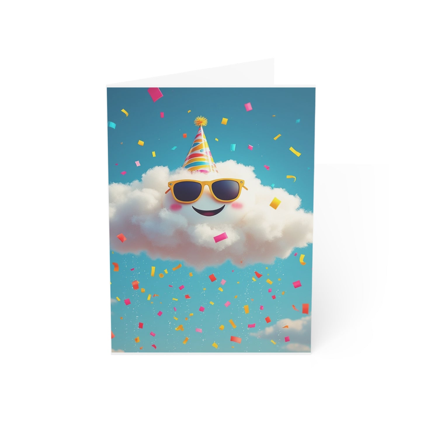 Card with a cloud wearing sunglasses and a party hat against a blue background with confetti.