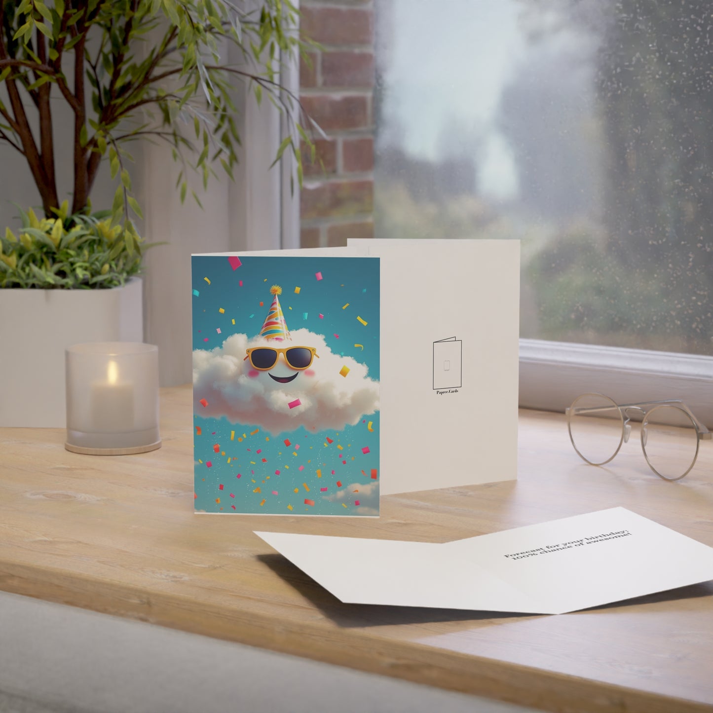 Greeting card with cloud design on a wooden surface with a plant and candle in the background