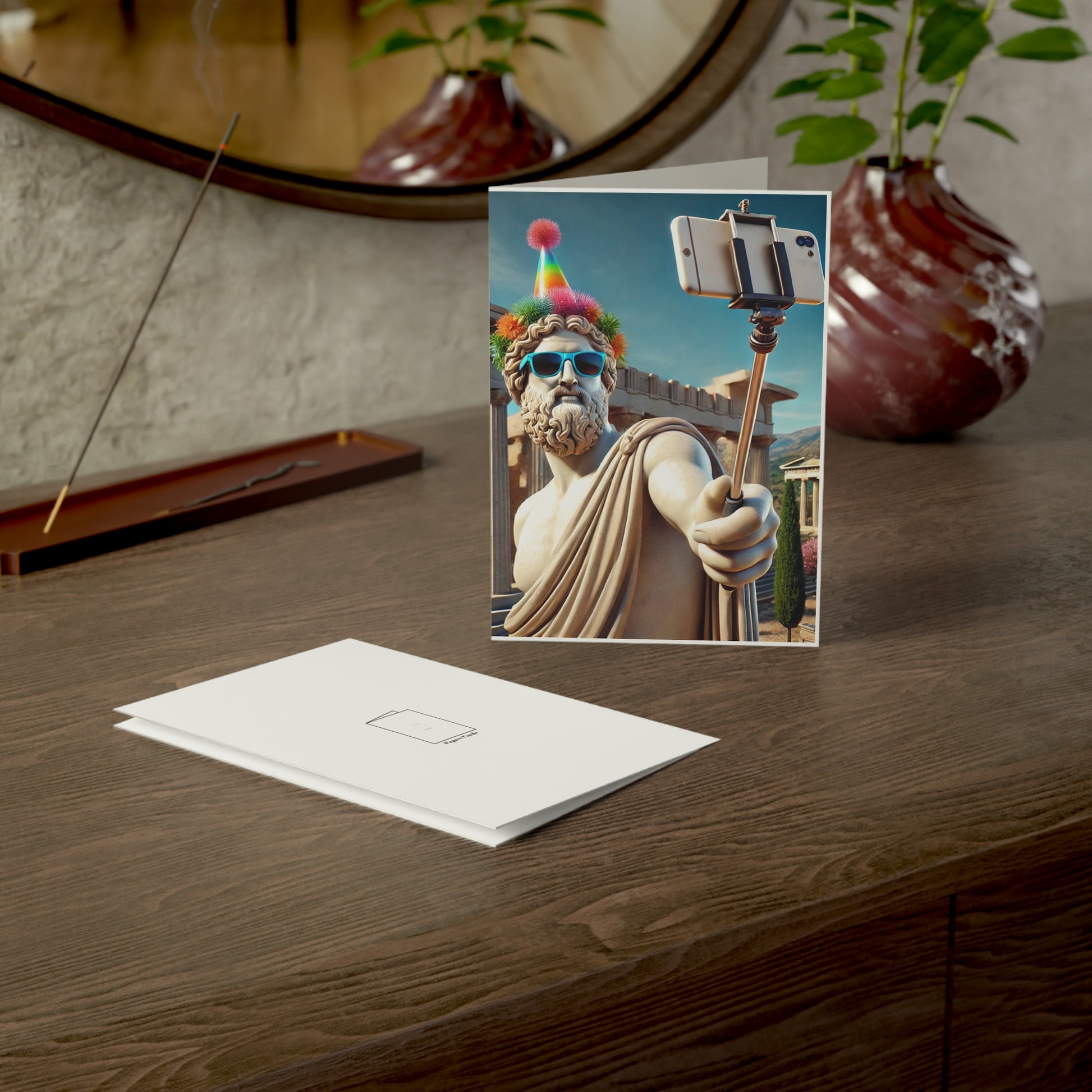 Statue of a man with modern accessories on a greeting card, placed on a wooden surface.