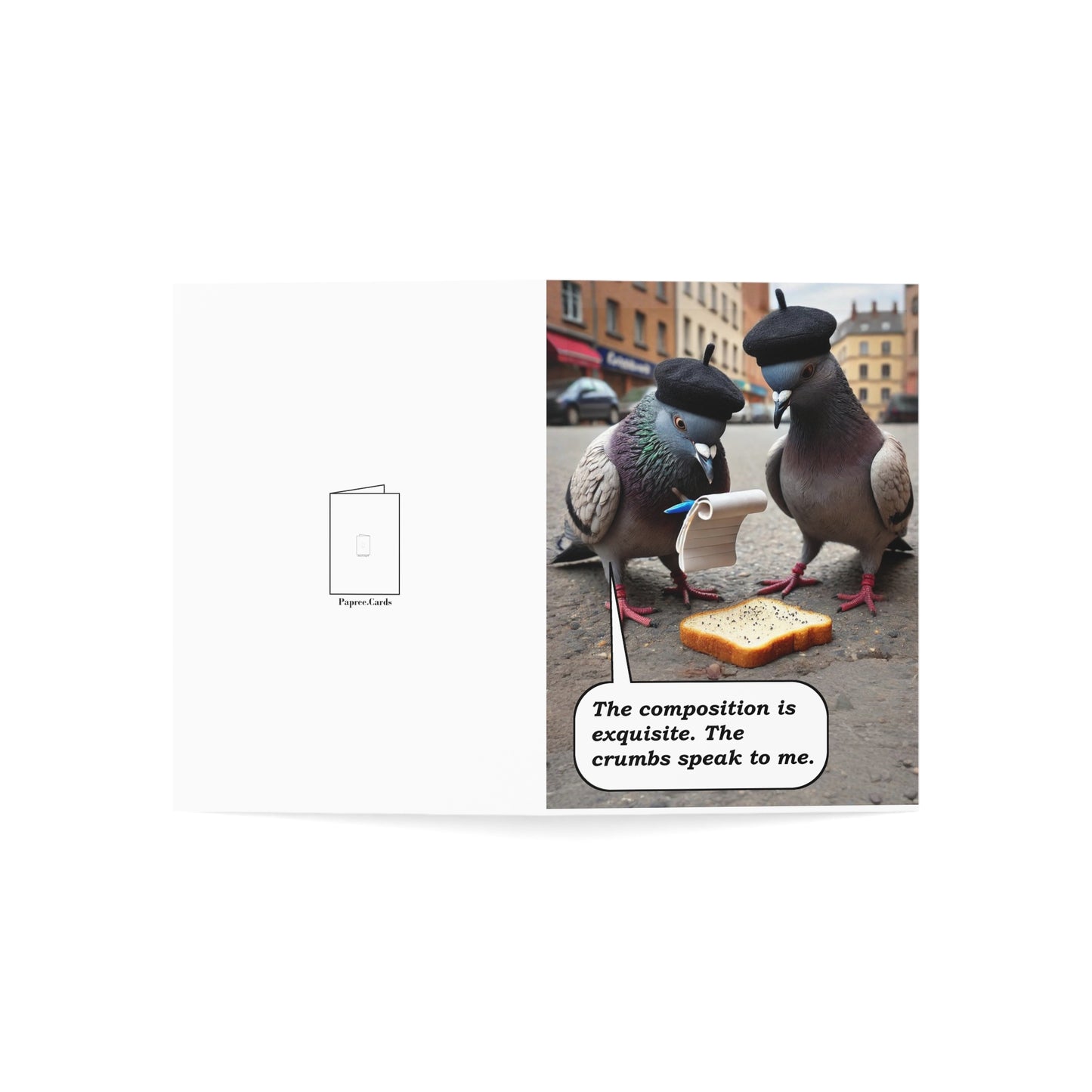 Two pigeons with hats standing next to a piece of bread on a street.