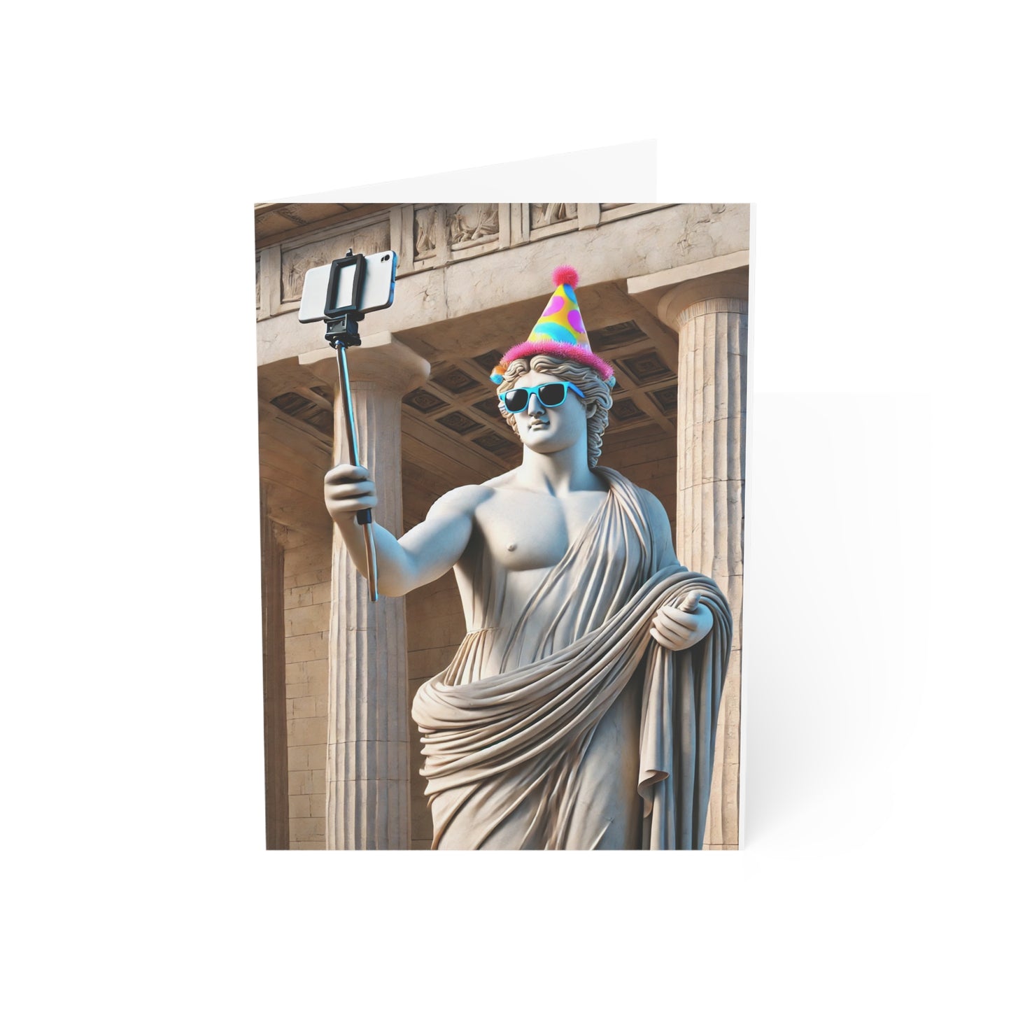 Birthday card: Statue of a classical figure wearing a party hat and sunglasses, holding a selfie stick.
