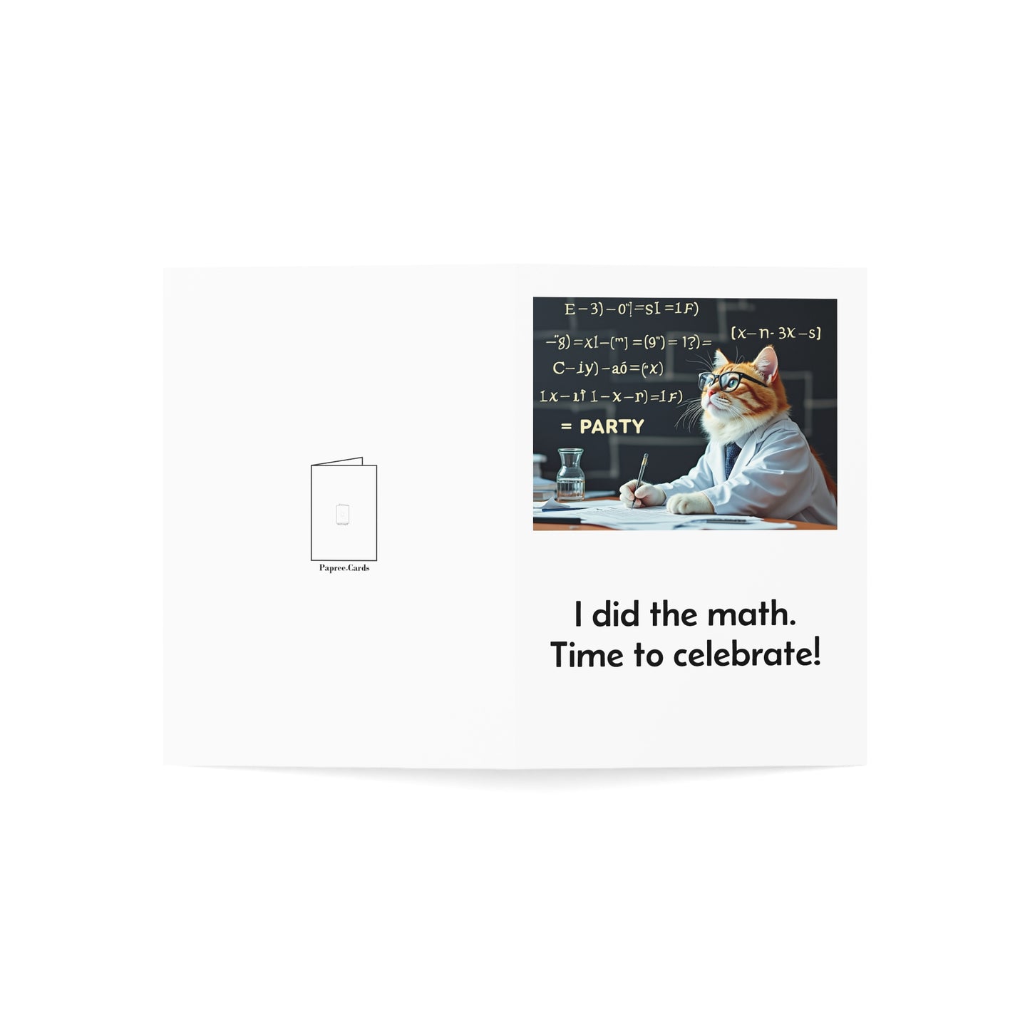 Cat in a lab coat with mathematical equations and text 'I did the math. Time to celebrate!' on a white background.