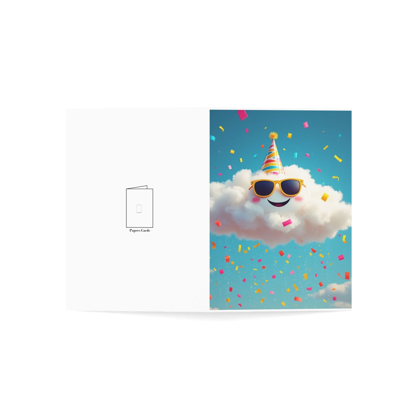 Birthday card featuring cloud with a party hat and sunglasses on a blue background