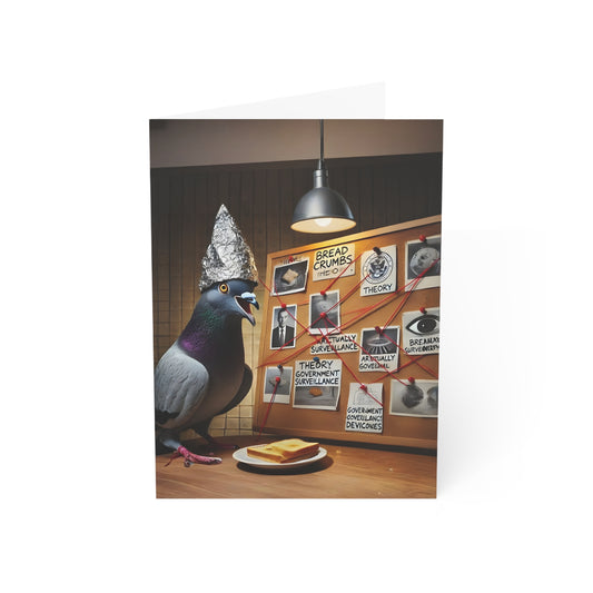 Pigeon with a fin foil hat standing next to a table with bread, under a light fixture, with a wall of conspiracy theory red string and posters.