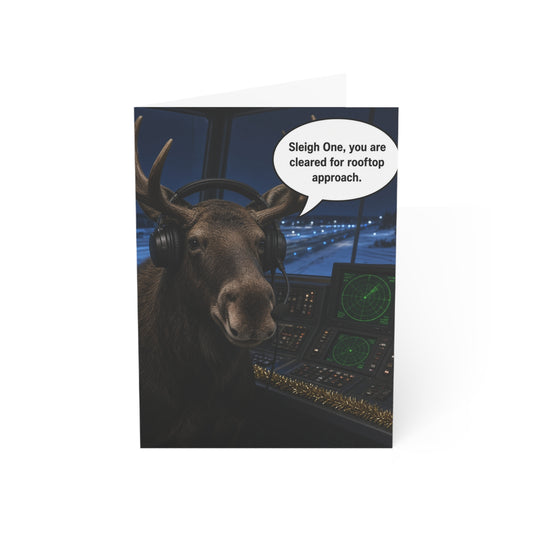 Moose Christmas Card | Funny Air Traffic Controller Holiday Greeting Card, Aviation Pilot Xmas, Santa Sleigh Card