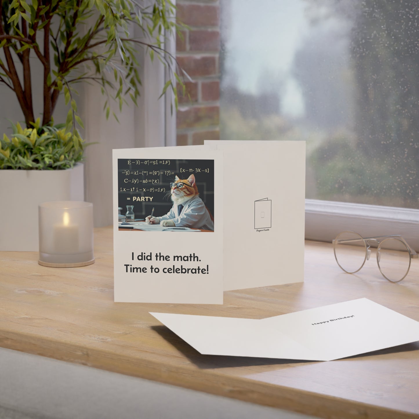 Greeting card with a cat on a desk and text 'I did the math. Time to celebrate!' on a wooden surface.