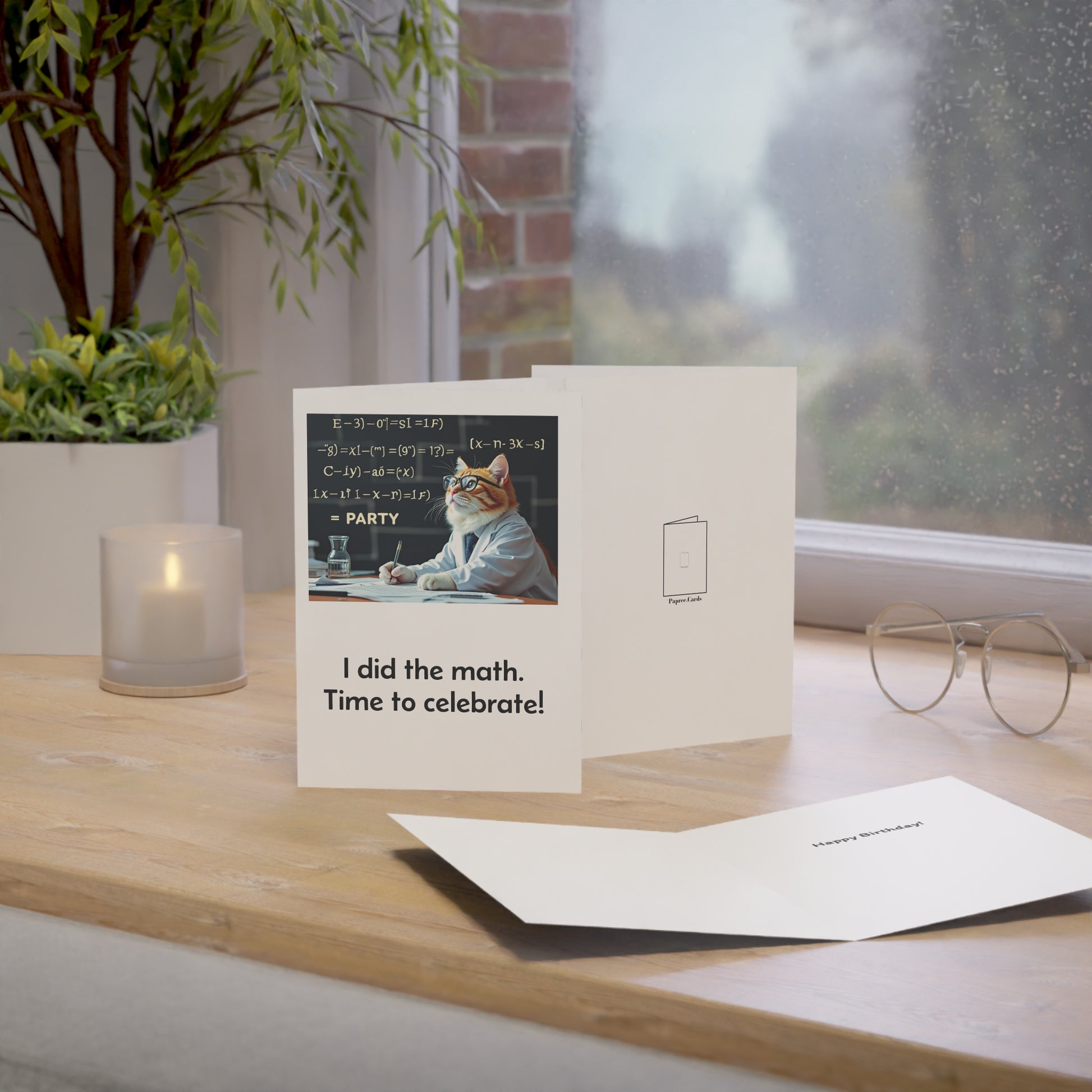 Greeting card with a cat on a desk and text 'I did the math. Time to celebrate!' on a wooden surface.