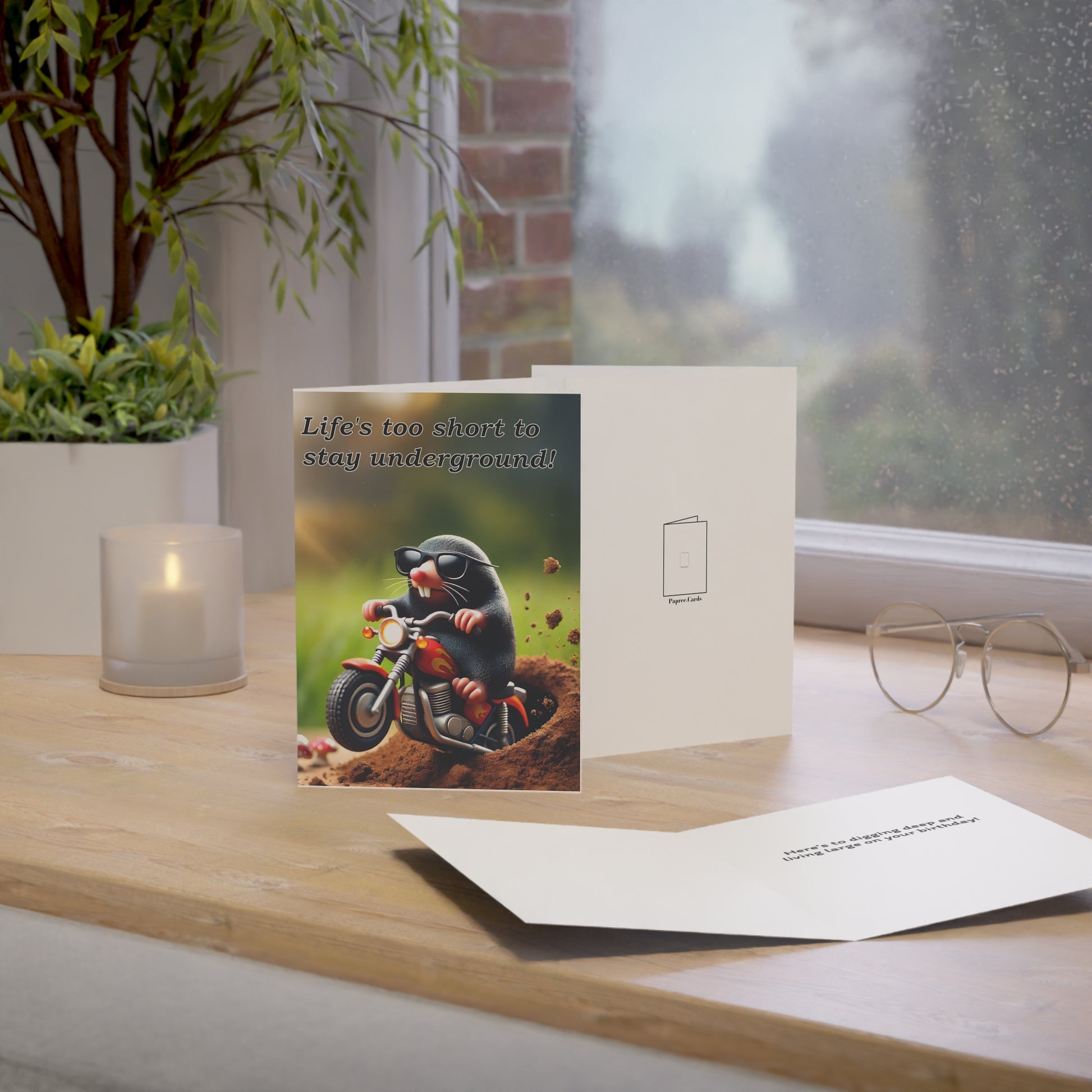 Greeting card with a mole on a motorcycle on a wooden surface with a candle and glasses.