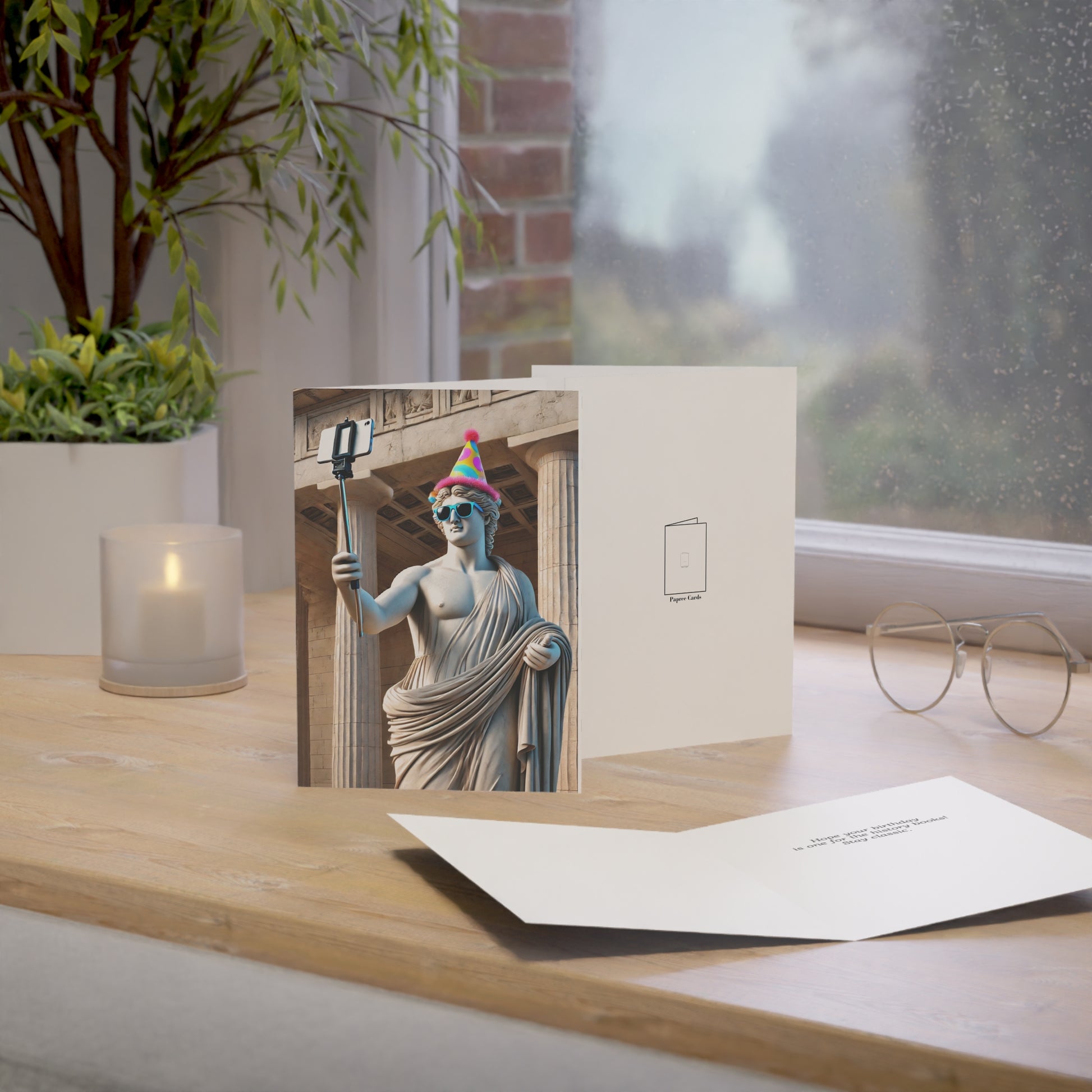 Greeting card with a statue design on a wooden surface with a plant and candle in the background.