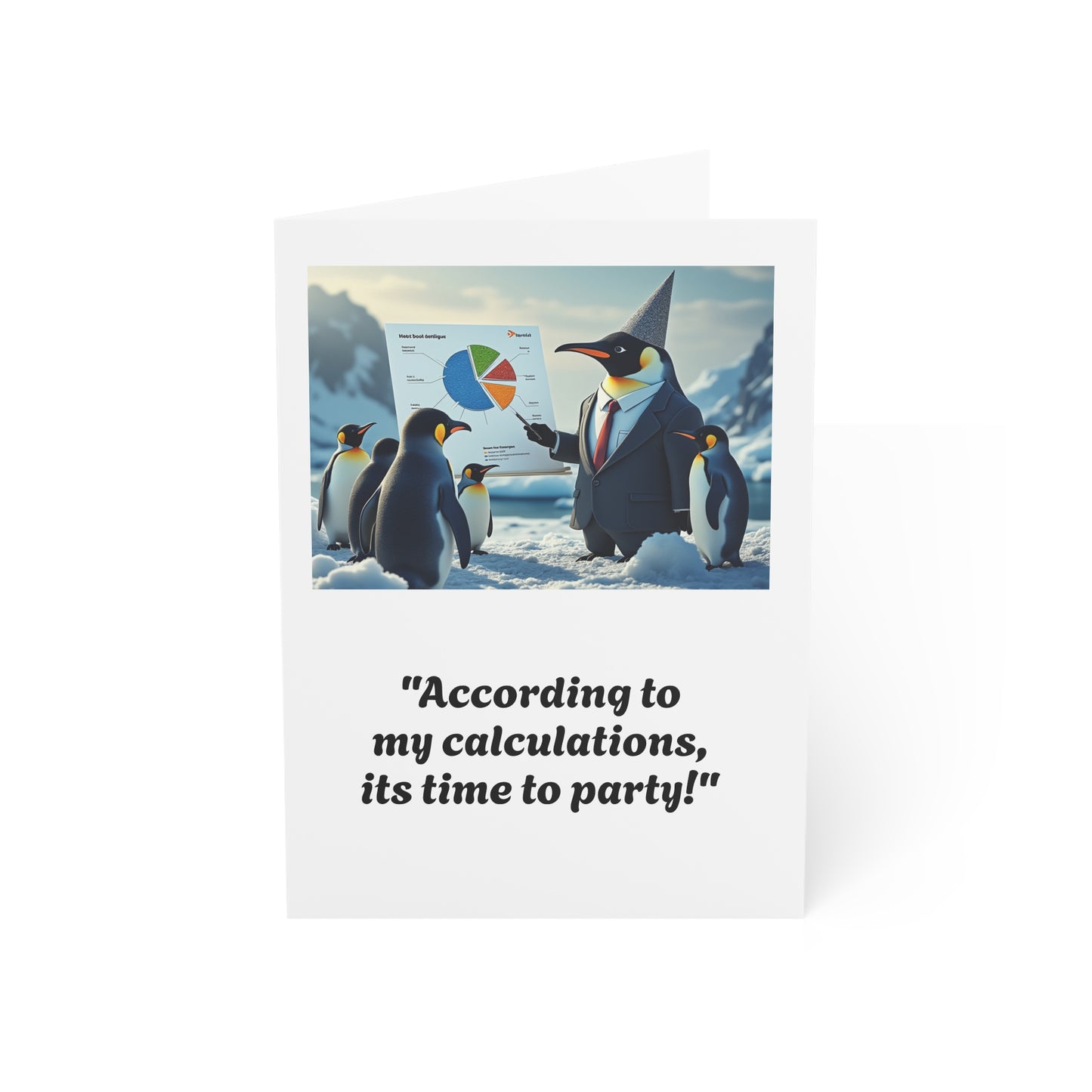 Card with penguins and a penguin in a suit holding a pie chart, with text 'According to my calculations, it's time to party!'.