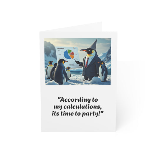 Card with penguins and a penguin in a suit holding a pie chart, with text 'According to my calculations, it's time to party!'.