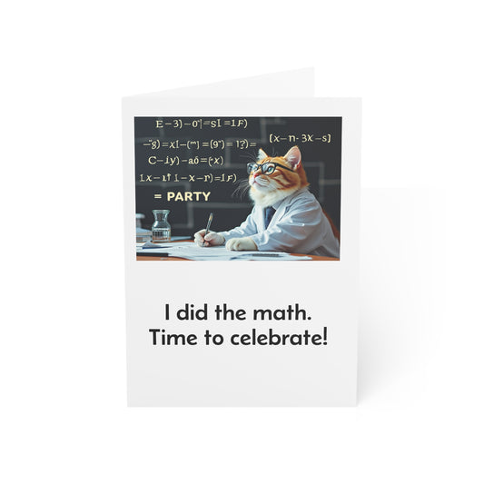 Cat in a lab coat with mathematical equations and 'PARTY' text on a chalkboard background.