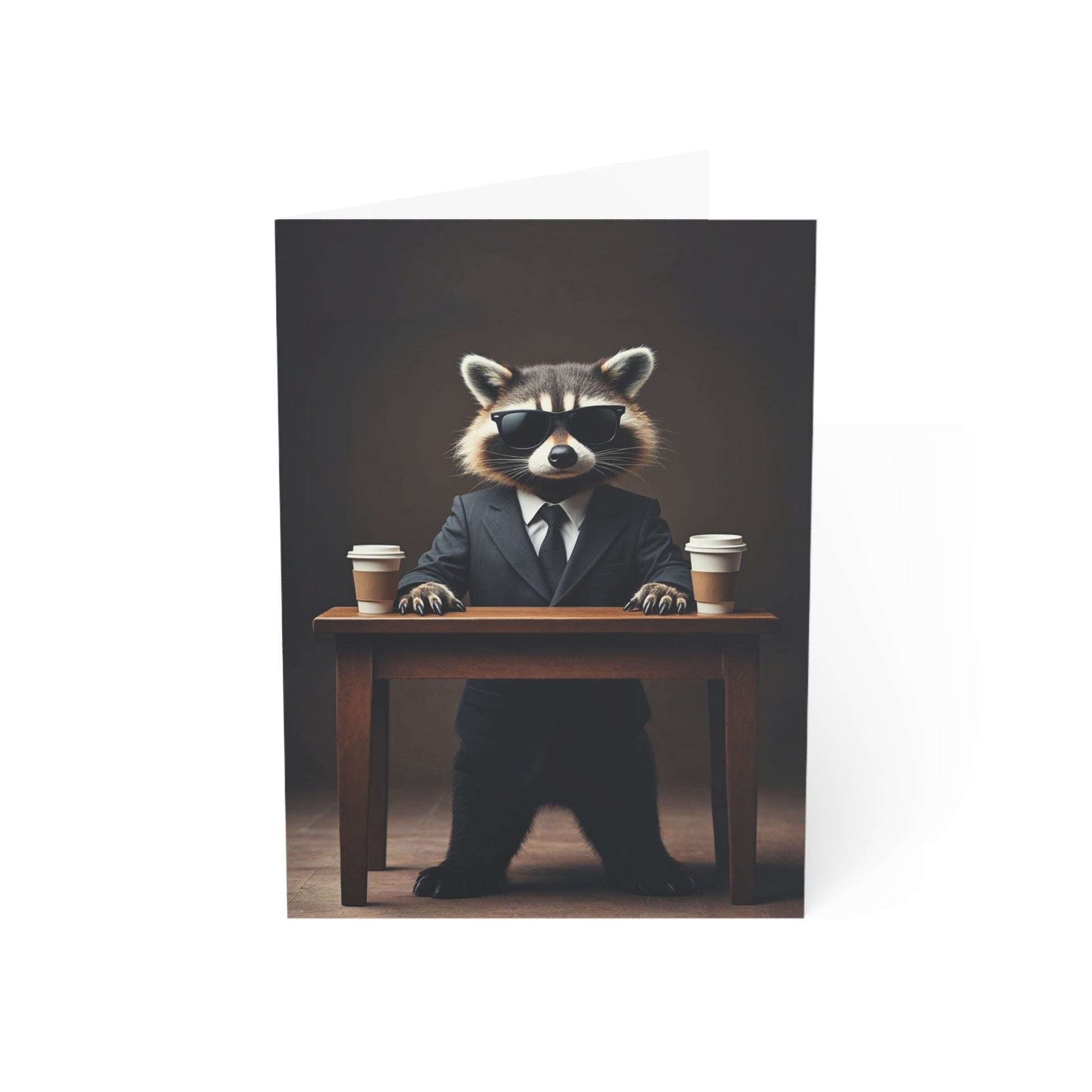 Raccoon in a suit with sunglasses and two coffee cups on a table