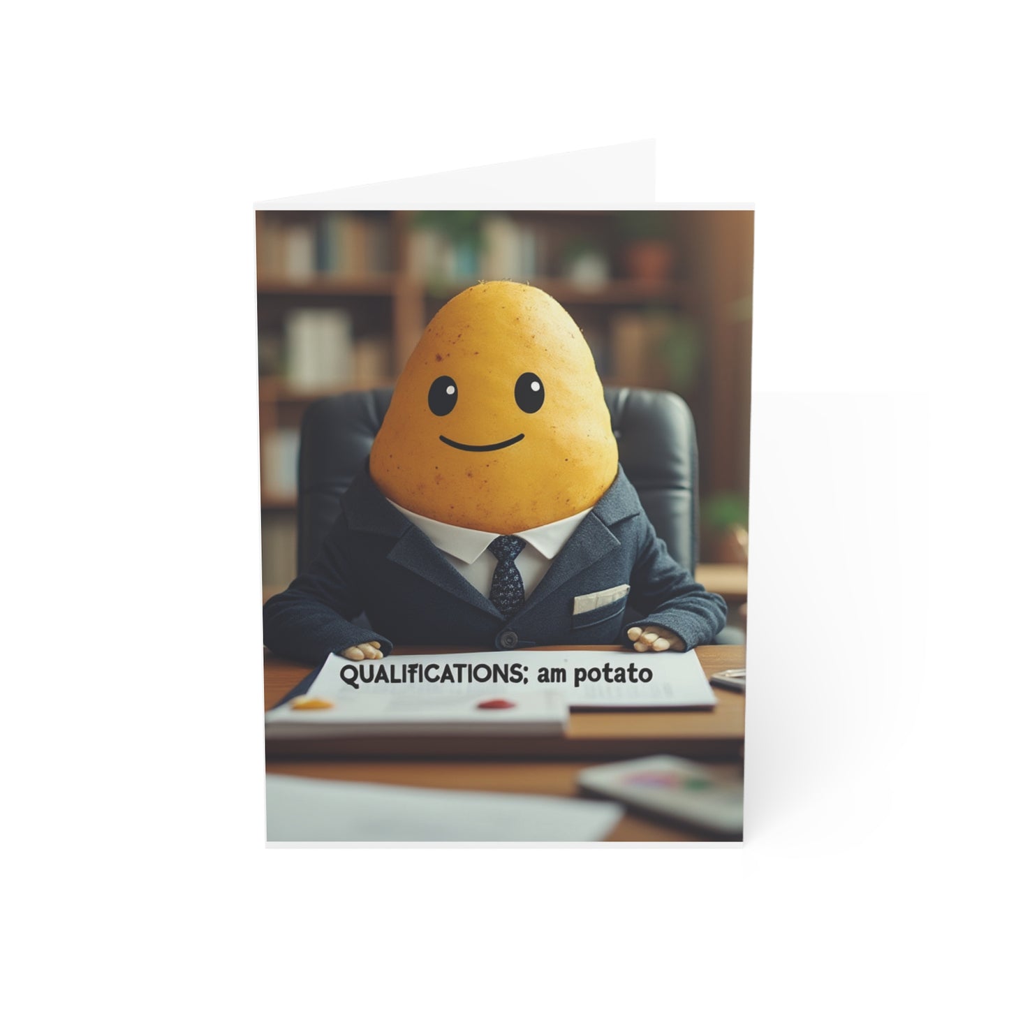 Toy potato in a suit with a sign saying 'Qualifications: am potato' on a desk.