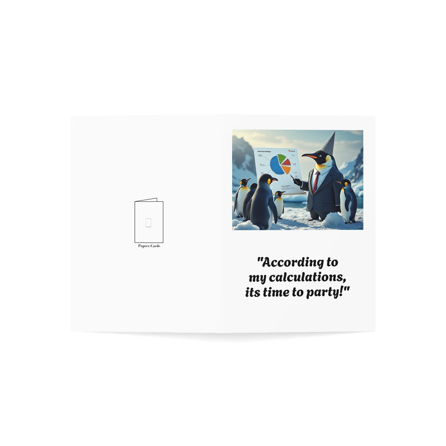 Greeting card with penguins and a penguin in a suit with a pie chart, text 'According to my calculations, it's time to party!' on a white background.
